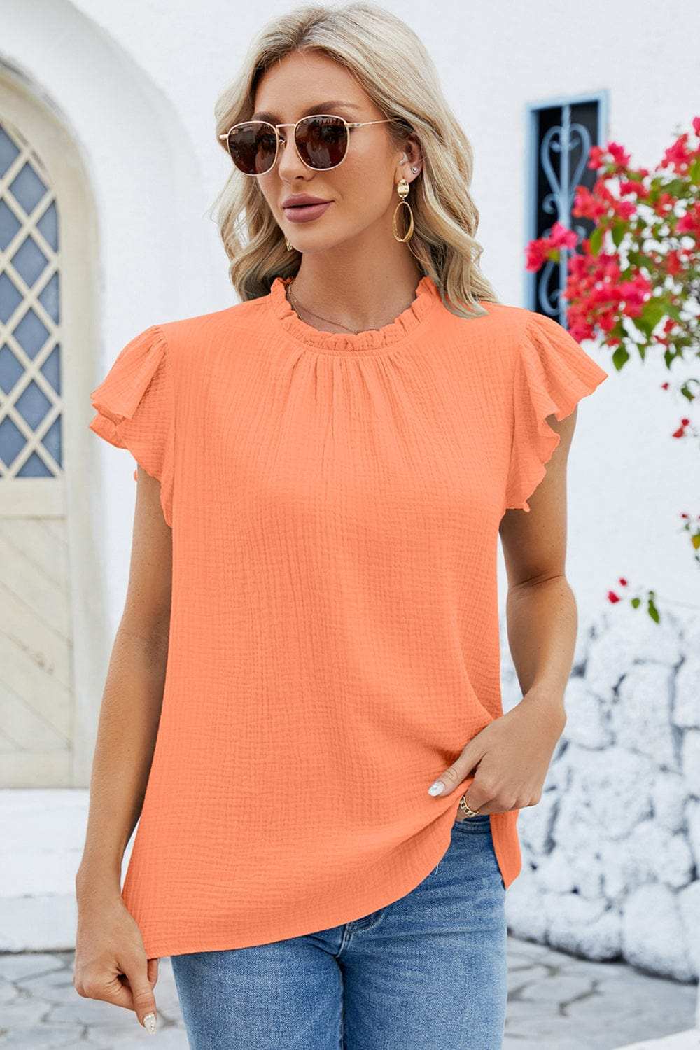 Ruffled Round Neck Cap Sleeve Blouse - Trendsi - Flyclothing LLC