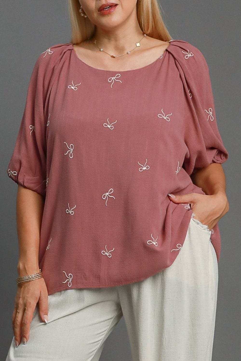 Umgee Full Size Linen Blend Ribbon Embroidered Top Plus Size - Trendsi - Flyclothing LLC