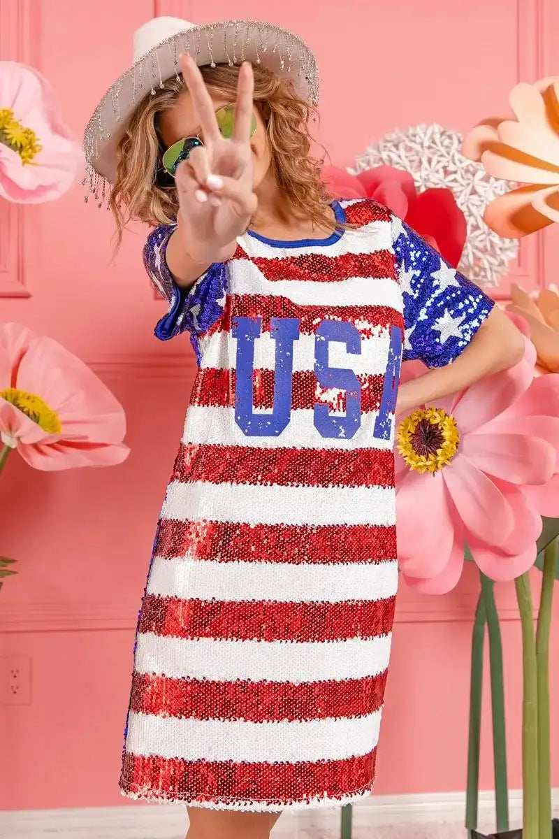 BiBi American Flag Theme Usa Print Sequin Dress - Trendsi - Flyclothing LLC