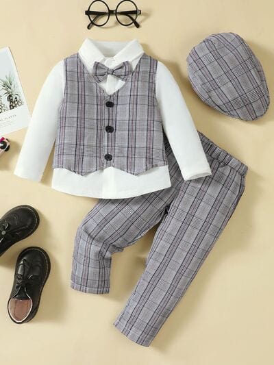 Hat, Long Sleeve Shirt, Plaid Vest and Pants 4-Piece Set - Trendsi