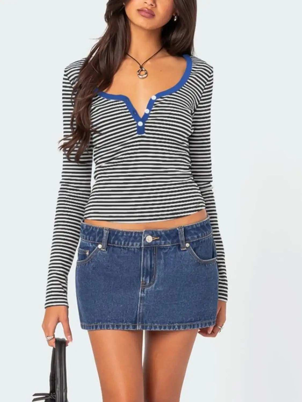 Buttoned Striped Long Sleeve T-Shirt - Trendsi - Flyclothing LLC