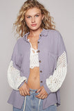 POL Openwork Lantern Sleeve Button Down Gauze Shirt - Trendsi