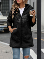 Fuzzy Zip Up Long Sleeve Hooded Jacket - Trendsi