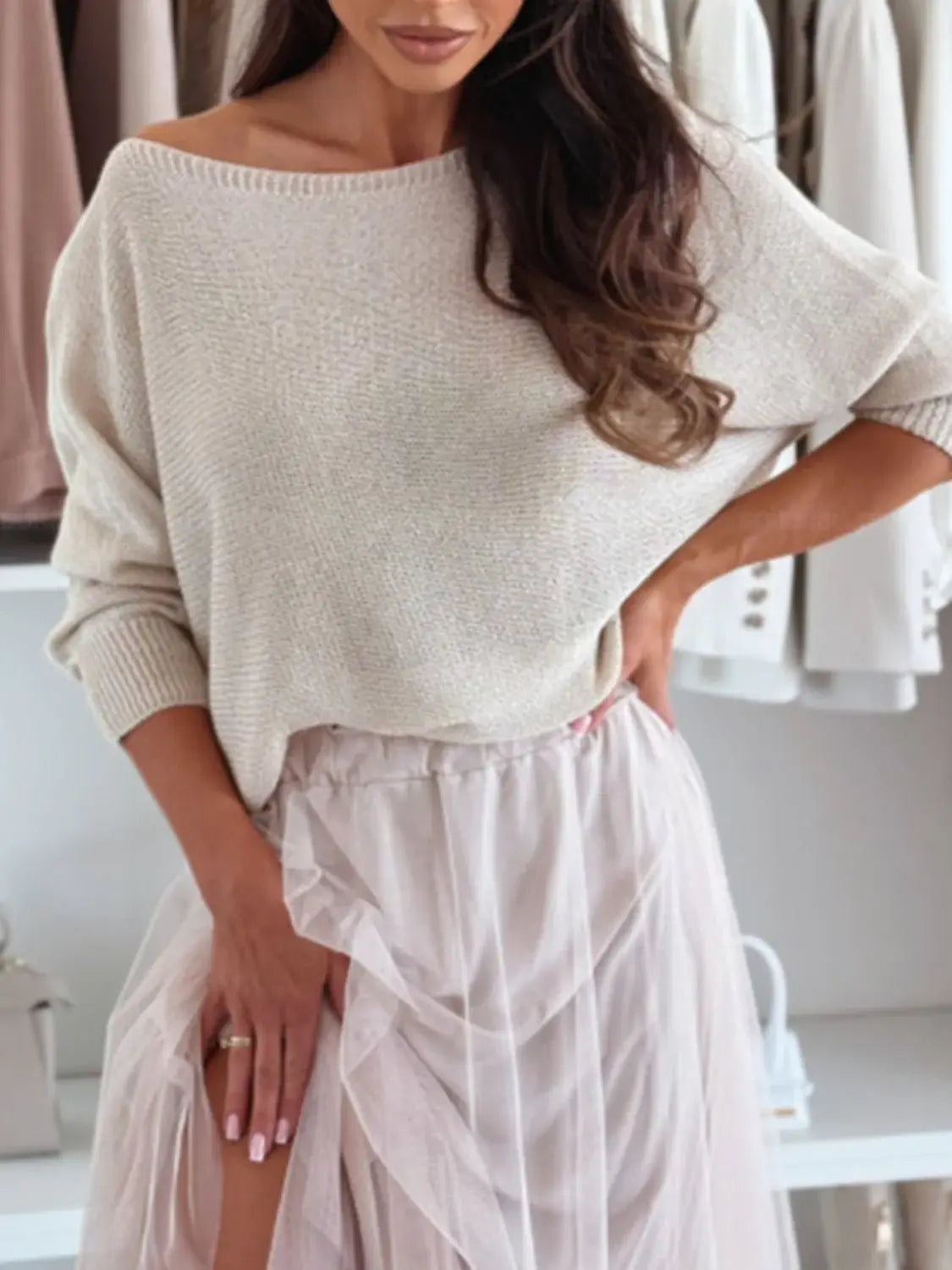 Bow Back Boat Neck Batwing Sleeve Sweater - Trendsi - Flyclothing LLC