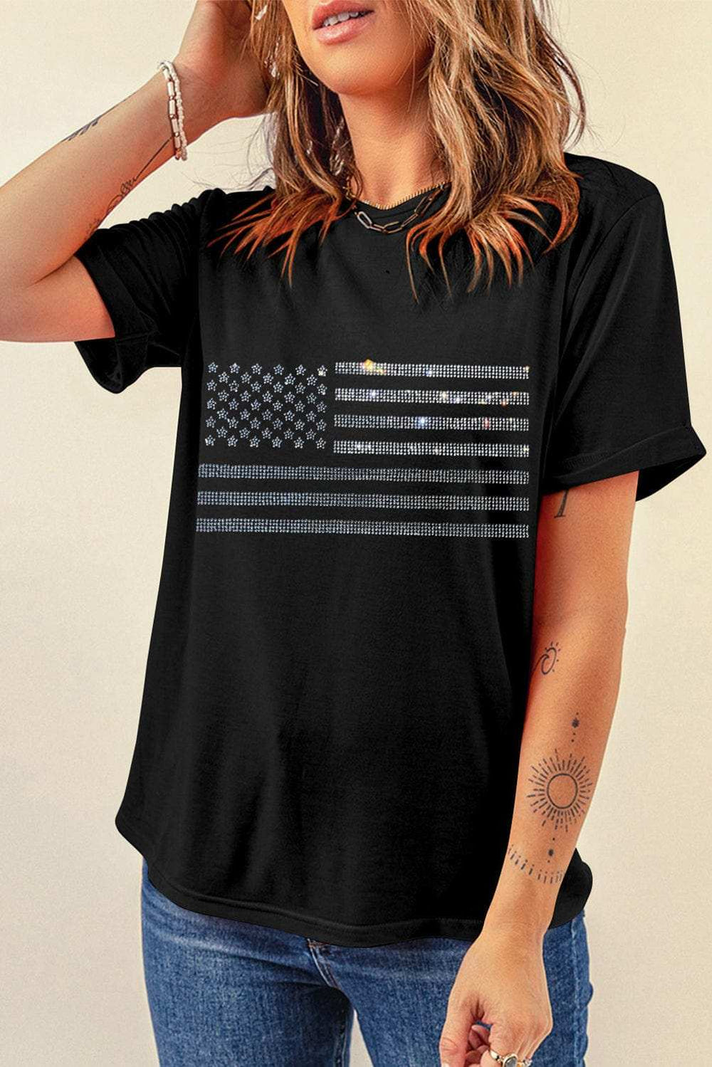 Rhinestone US Flag Round Neck Short Sleeve T-Shirt - Trendsi - Flyclothing LLC