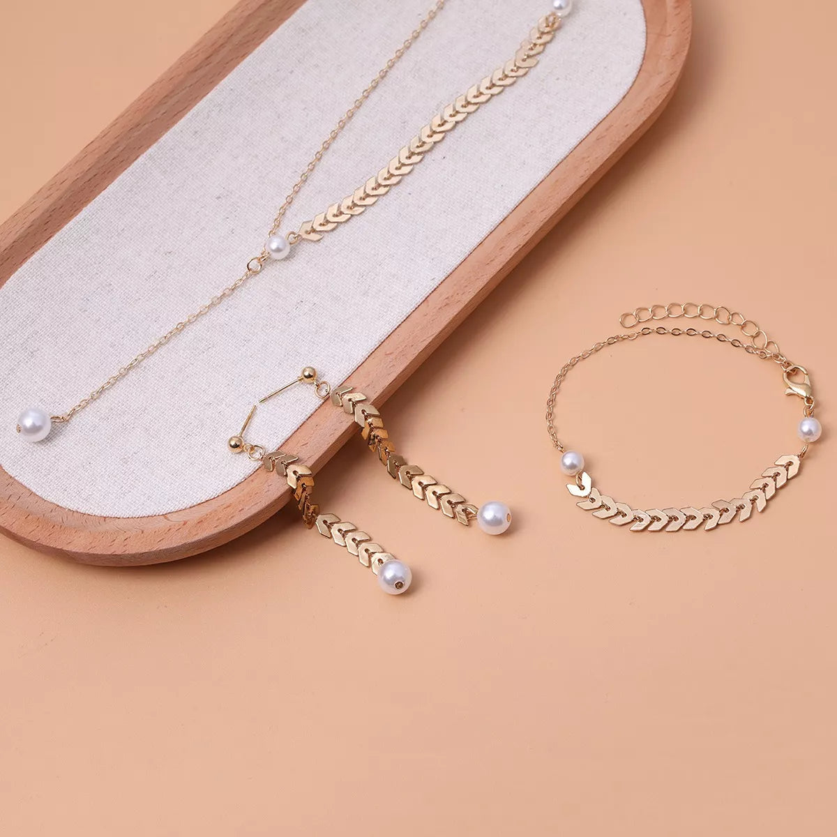 Wheat‑Spike Faux Pearl Necklace Bracelet Earrings 3‑Pcs Jewelry Set - Trendsi - Flyclothing LLC