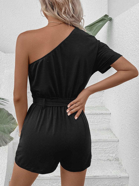 Single Shoulder Tie Waist Romper - Trendsi - Flyclothing LLC