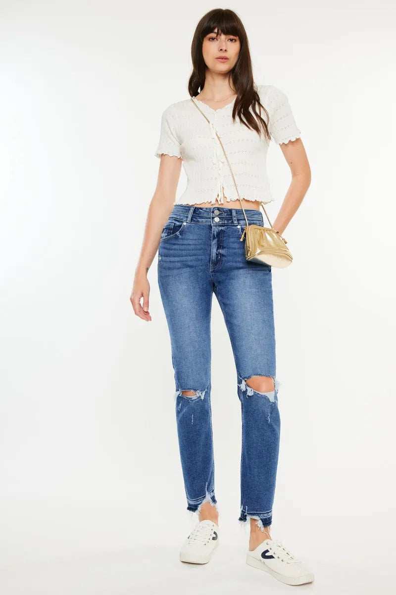 Kancan High Rise Distressed Slim Straight Jeans - Trendsi - Flyclothing LLC