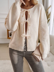 Devine Tied Round Neck Dropped Shoulder Cardigan - Trendsi