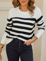 Striped Cable Knit Round Neck Sweater - Trendsi - Flyclothing LLC