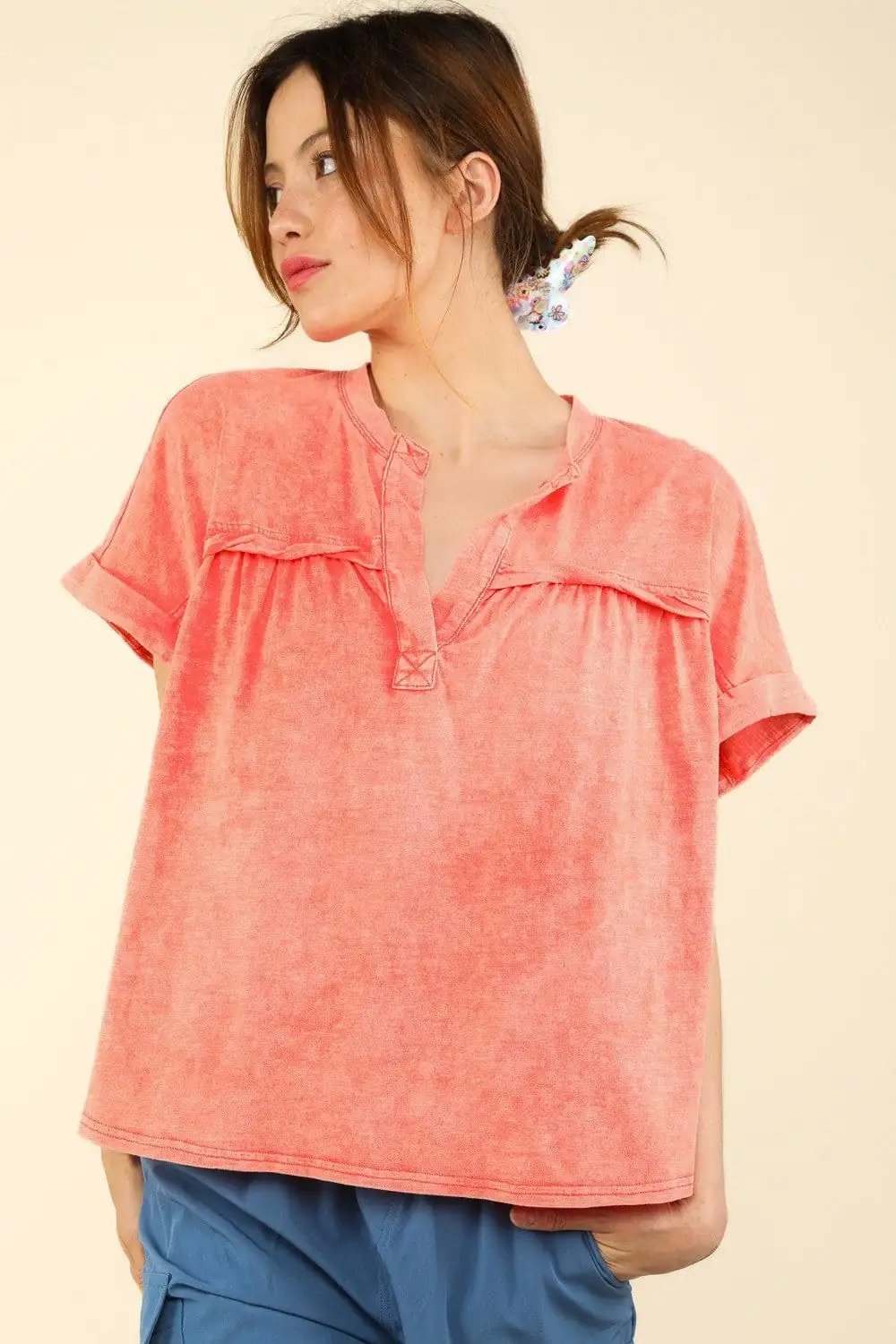 VERY J Nochted Short Sleeve Washed T-Shirt - Trendsi