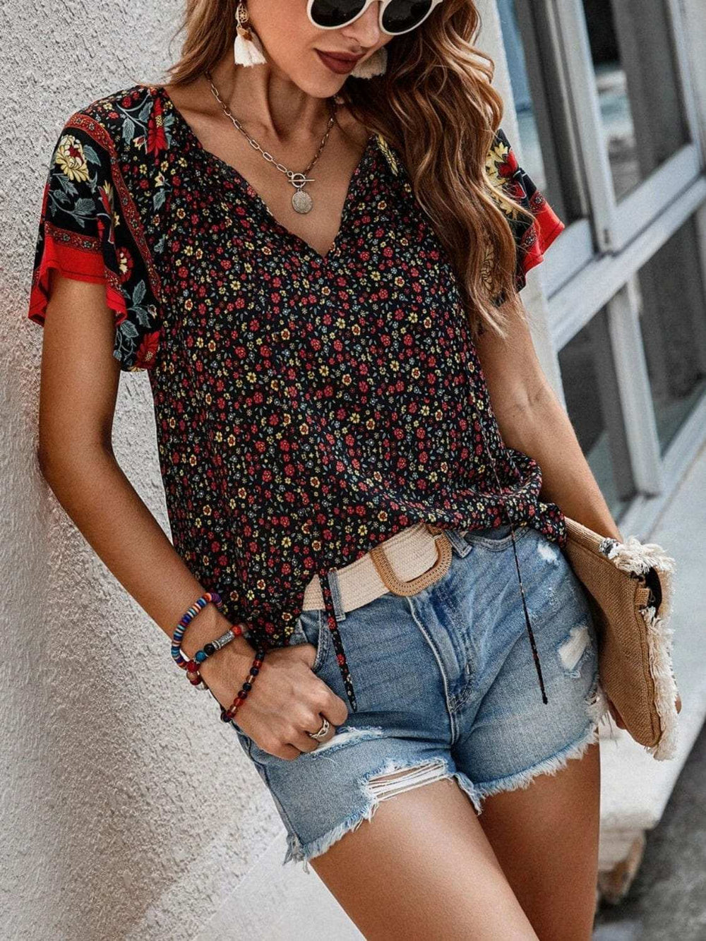 Printed Tie Neck Short Sleeve Blouse - Trendsi - Flyclothing LLC