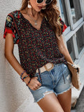 Printed Tie Neck Short Sleeve Blouse - Trendsi