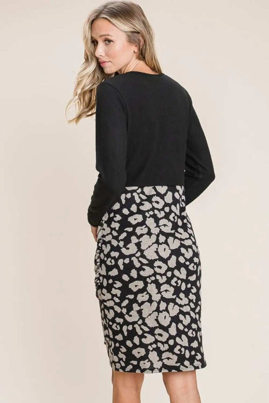 BOMBOM Leopard Color Block Knit Dress - Trendsi - Flyclothing LLC