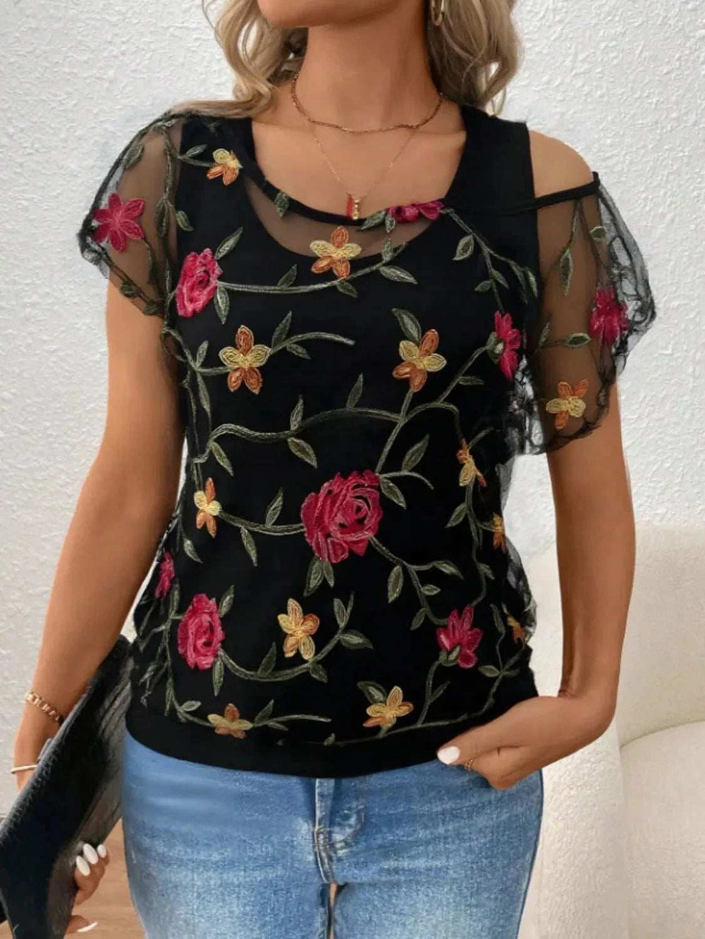 Floral Short Sleeve Sheer Top - Trendsi - Flyclothing LLC