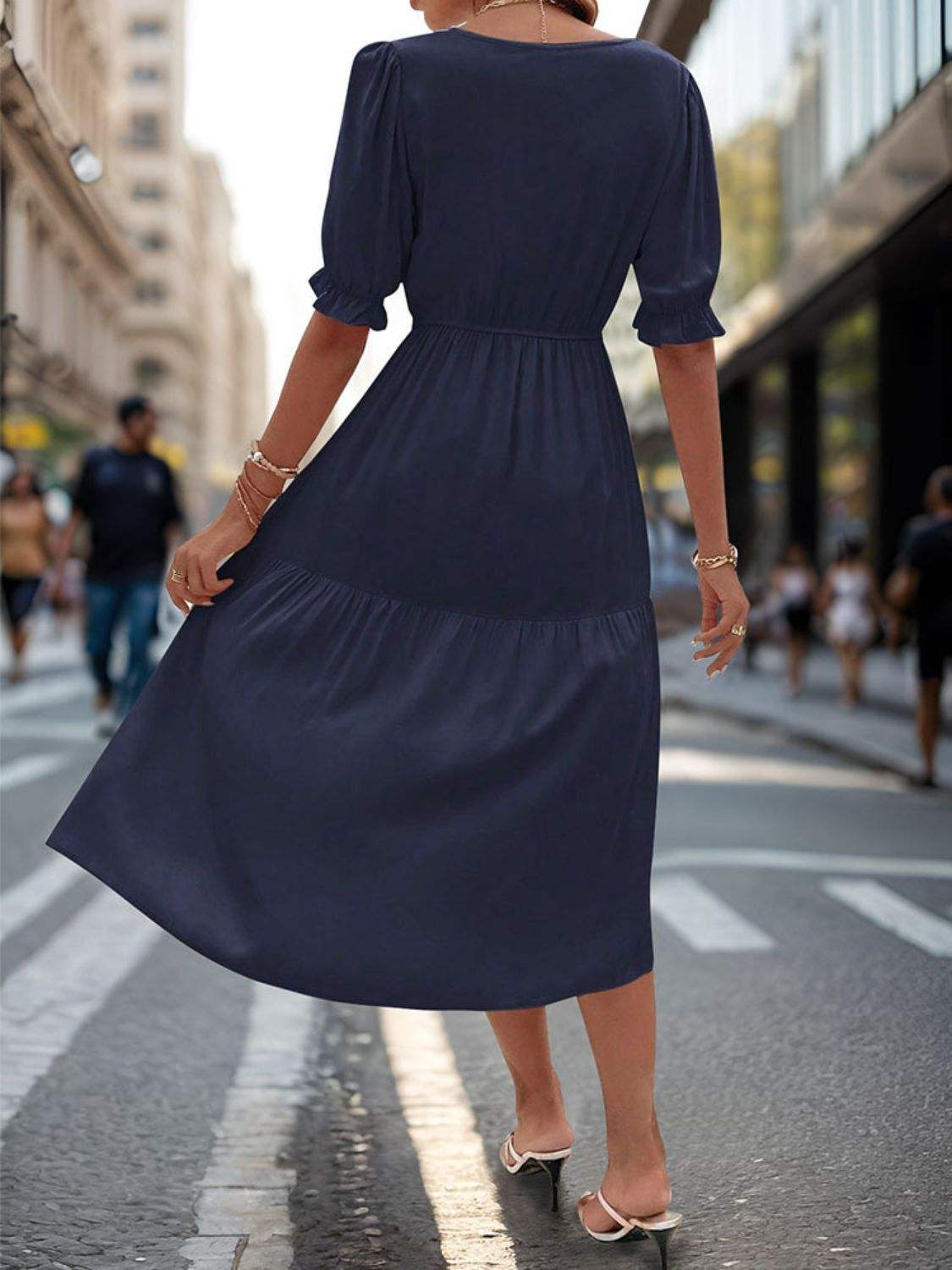 Ruched V-Neck Half Sleeve Midi Dress - Trendsi - Flyclothing LLC