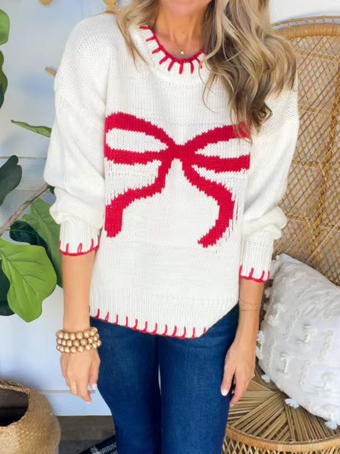 Bow Round Neck Long Sleeve Sweater - Trendsi