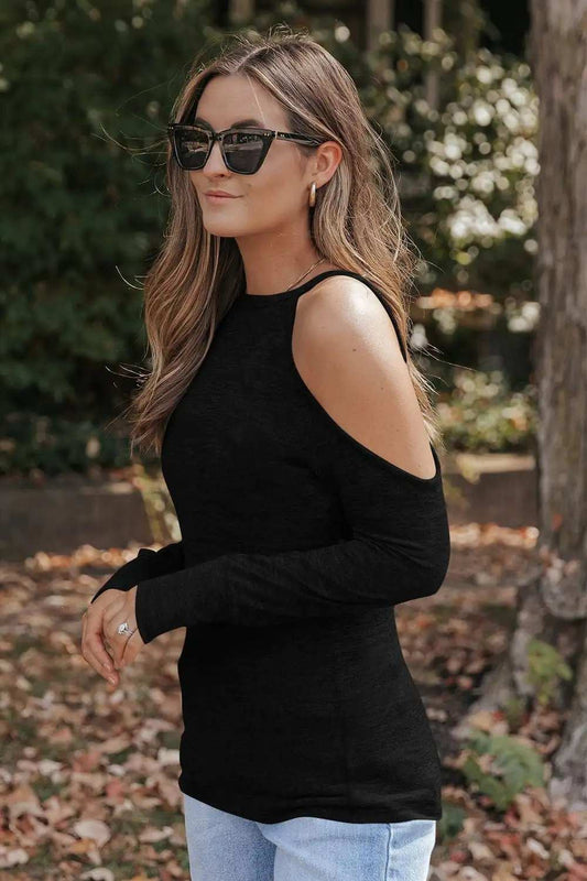 Round Neck Cold Shoulder Long Sleeve Top - Trendsi - Flyclothing LLC