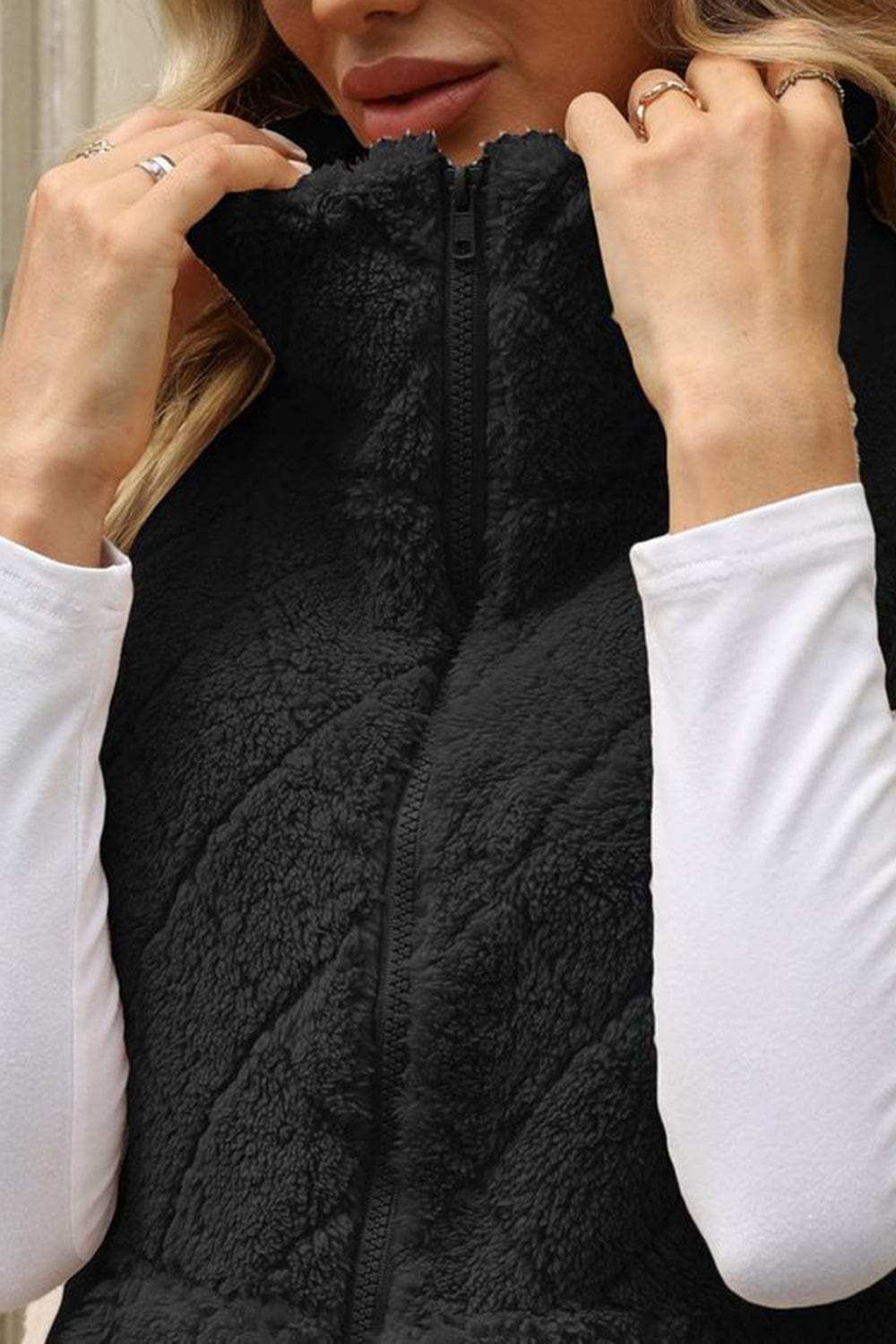 Fuzzy Plaid Texture Zip Up Vest Coat - Trendsi - Flyclothing LLC