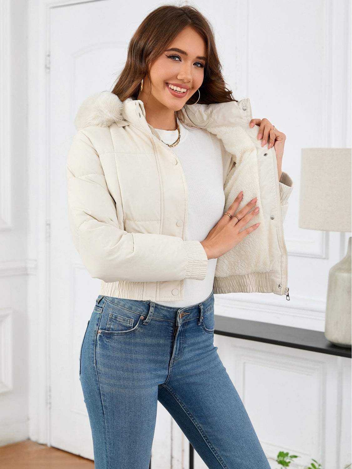 Pocketed Long Sleeve Cropped Hooded Winter Coat - Trendsi - Flyclothing LLC