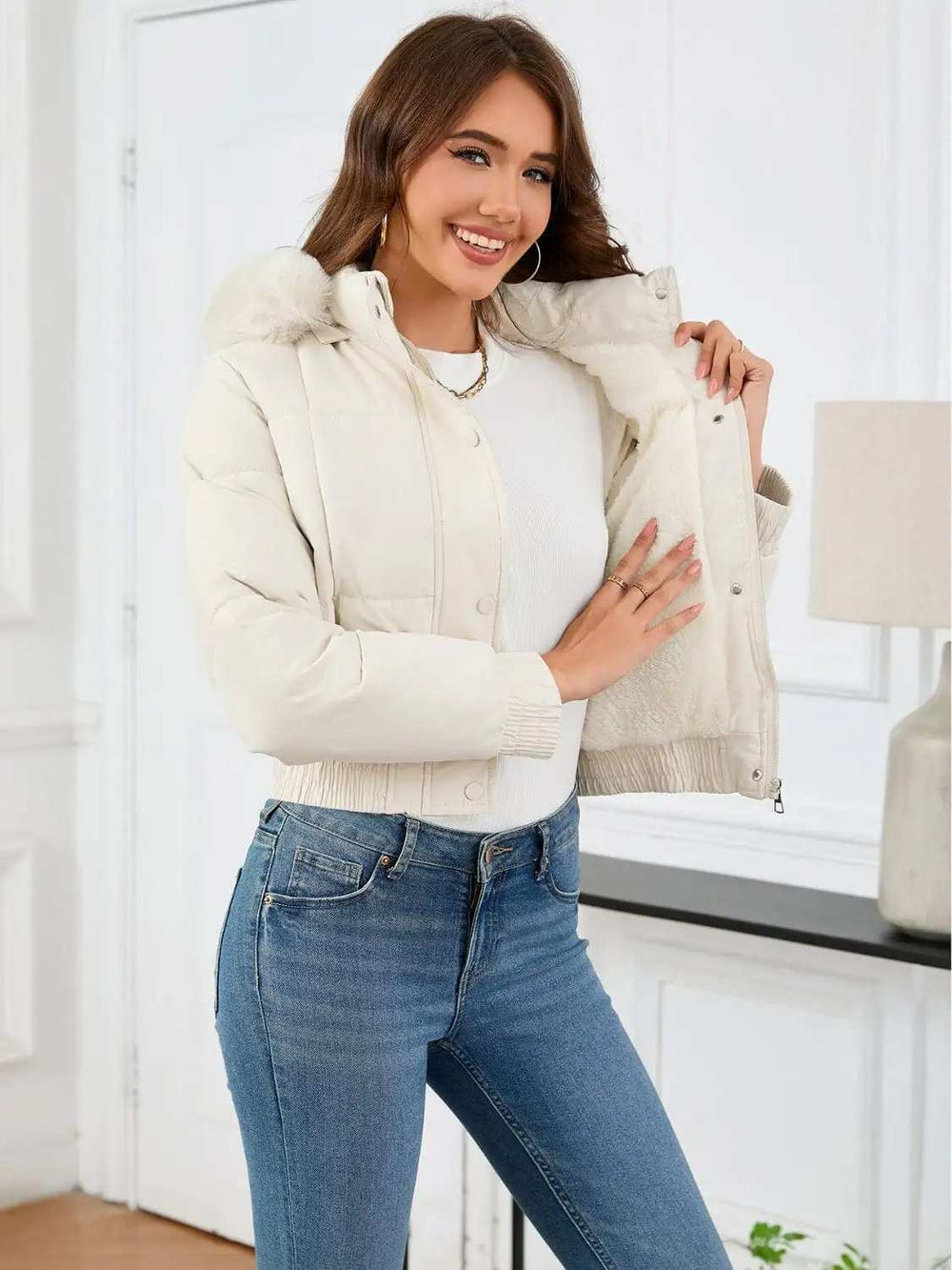 Pocketed Long Sleeve Cropped Hooded Winter Coat - Trendsi - Flyclothing LLC