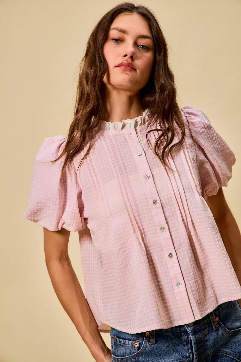 SO ME Gingham Lace Trim Button Bubble Sleeves Blouse - Trendsi - Flyclothing LLC