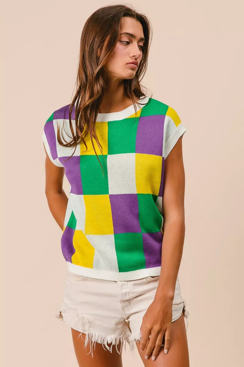 BiBi Mardi Gras Checker Pattern Sleeveless Sweater Top - Trendsi - Flyclothing LLC
