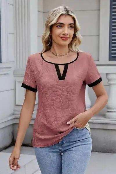 Cutout Round Neck Short Sleeve Top - Trendsi - Flyclothing LLC