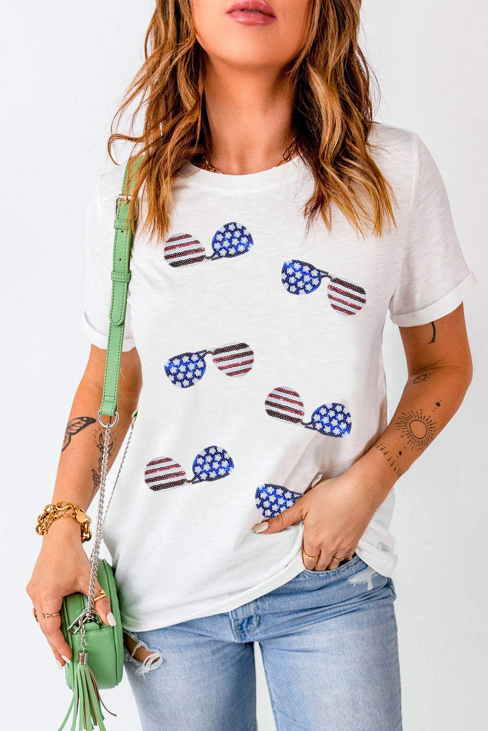 Sequin Round Neck Short Sleeve T-Shirt - Trendsi - Flyclothing LLC