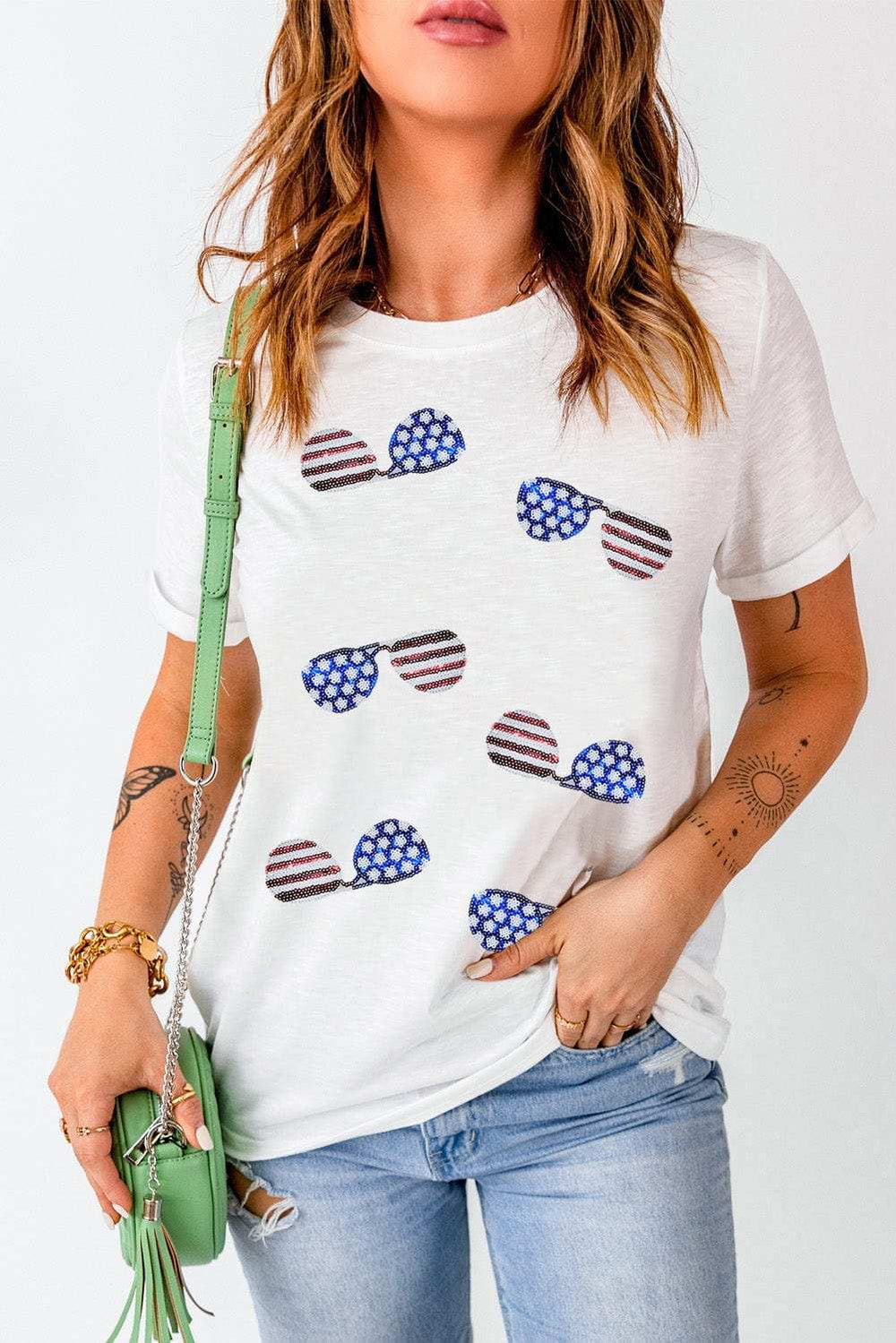 Sequin Round Neck Short Sleeve T-Shirt - Trendsi - Flyclothing LLC