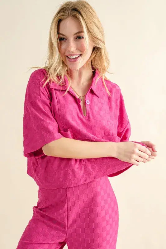 And The Why Brushed Texture Checker Board Pattern Casual Top - Trendsi - Flyclothing LLC