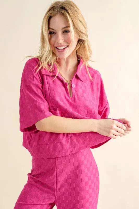 And The Why Brushed Texture Checker Board Pattern Casual Top - Trendsi - Flyclothing LLC