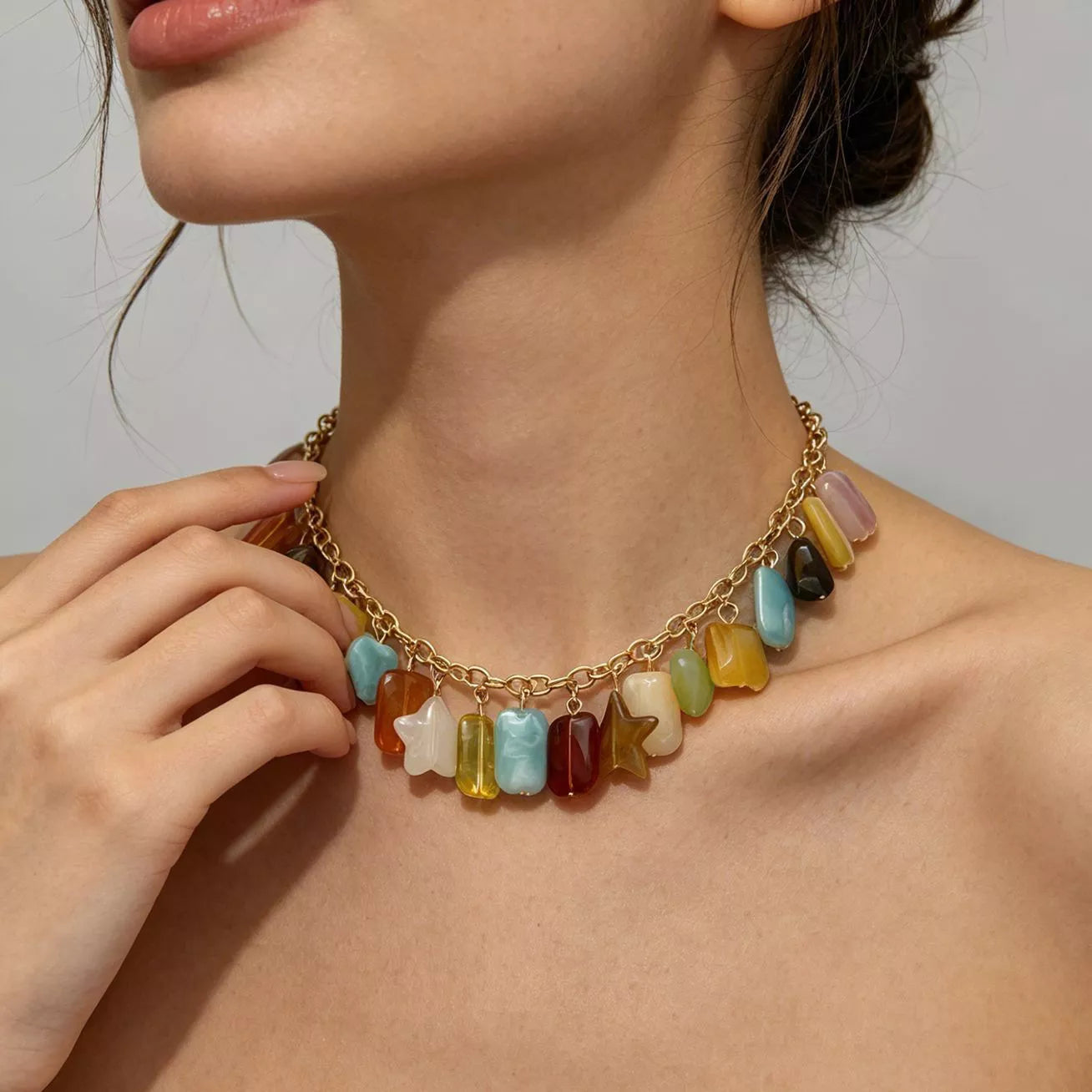 Bohemian Multi-Color Gemstone Charm Necklace - Trendsi - Flyclothing LLC
