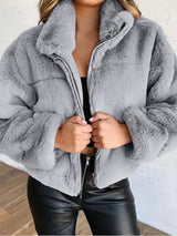 Full Size Faux Fur Cropped Zip-Up Jacket Plus Size - Trendsi - Flyclothing LLC
