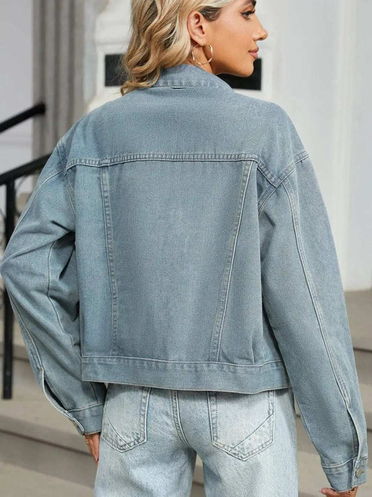 Rhinestone & Peal Trim Button Down Long Sleeve Denim Jacket - Trendsi - Flyclothing LLC