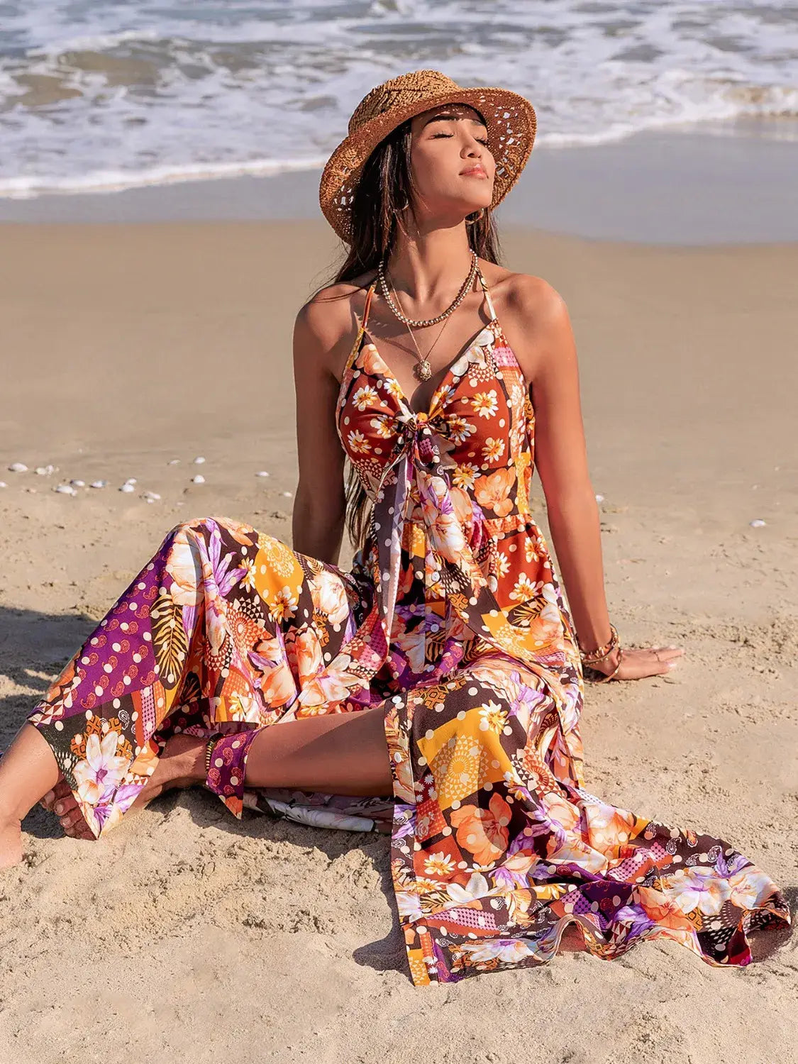 Slit Printed Halter Neck Cami Dress - Trendsi - Flyclothing LLC
