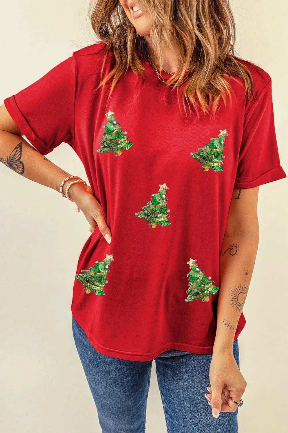 Sequin Christmas Tree Round Neck Short Sleeve T-Shirt - Trendsi - Flyclothing LLC