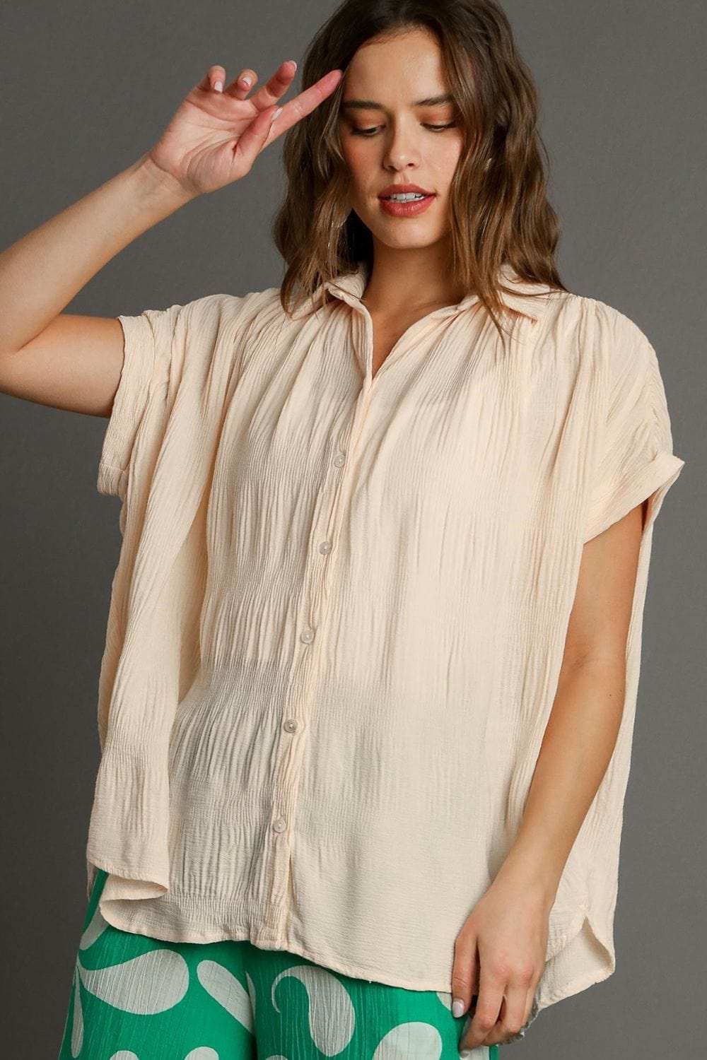 Umgee Full Size Textured Button Down Short Sleeve Shirt Plus Size - Trendsi - Flyclothing LLC
