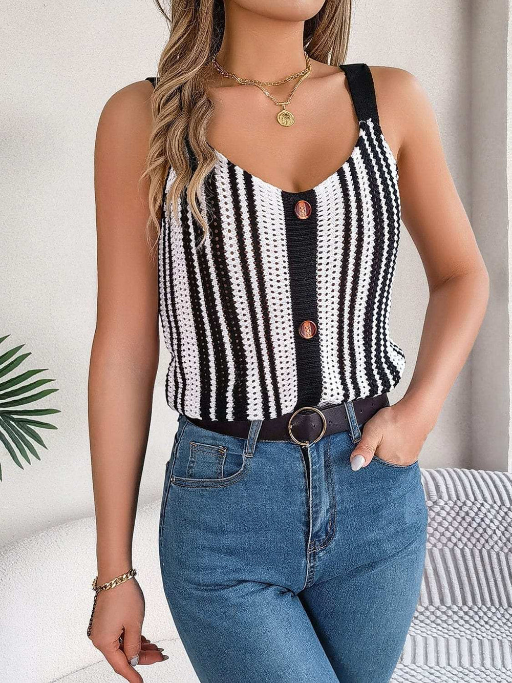 Openwork Striped V-Neck Tank - Trendsi - Flyclothing LLC