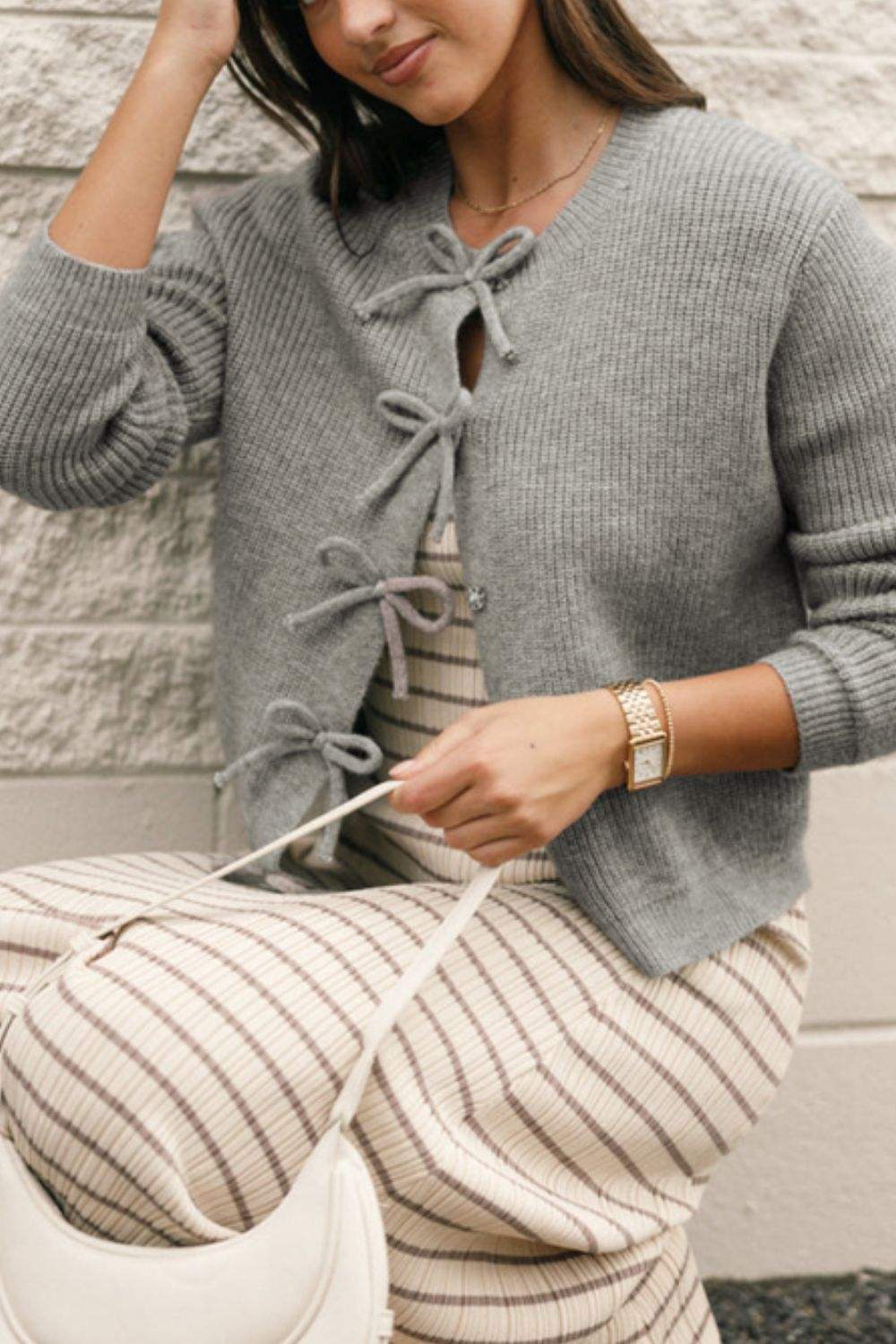 Bow Round Neck Long Sleeve Cardigan - Trendsi - Flyclothing LLC