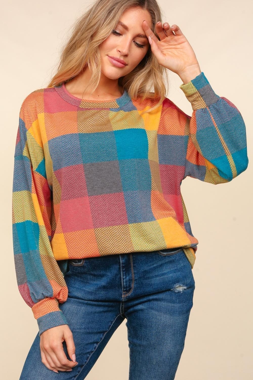 Haptics Round Neck Color Block Plaid Top - Trendsi