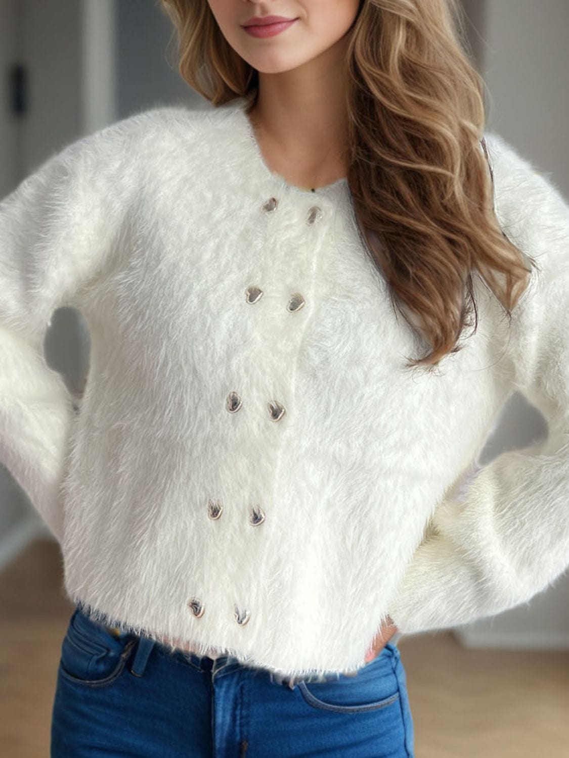 Heart Button Round Neck Cardigan - Trendsi