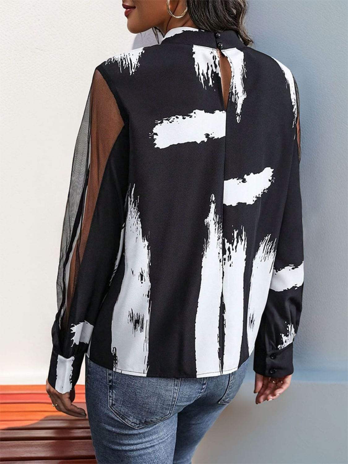 Mock Neck Mesh Long Sleeve Blouse - Trendsi - Flyclothing LLC