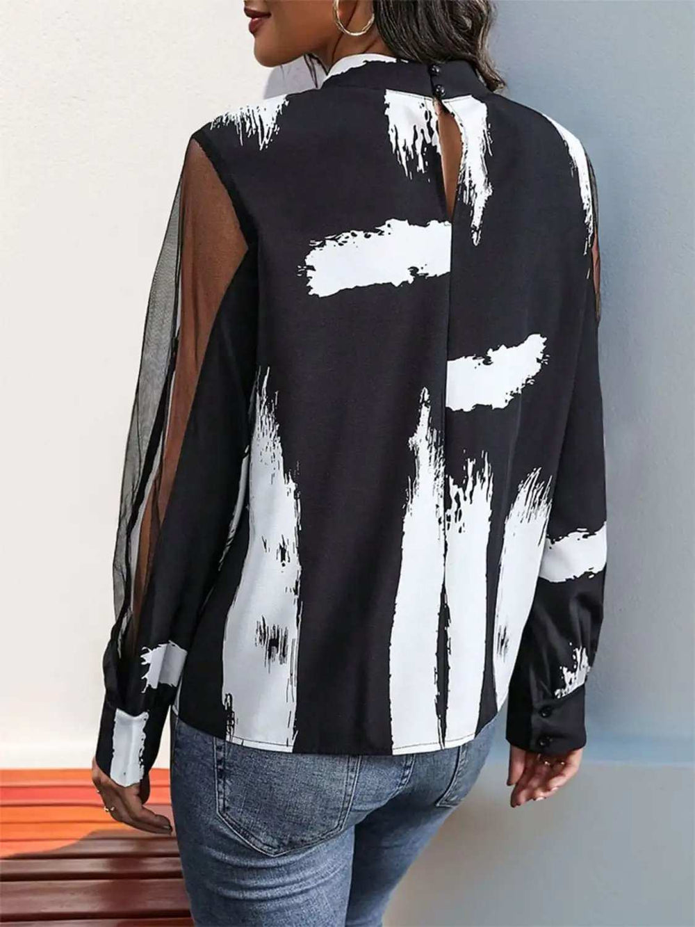 Mock Neck Mesh Long Sleeve Blouse - Trendsi - Flyclothing LLC