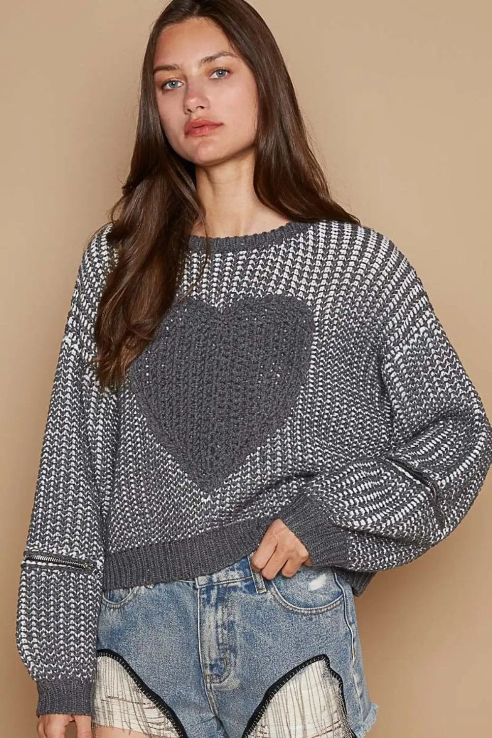 POL Round Neck Heart Patch Zipper Point Sleeve Sweater - Trendsi