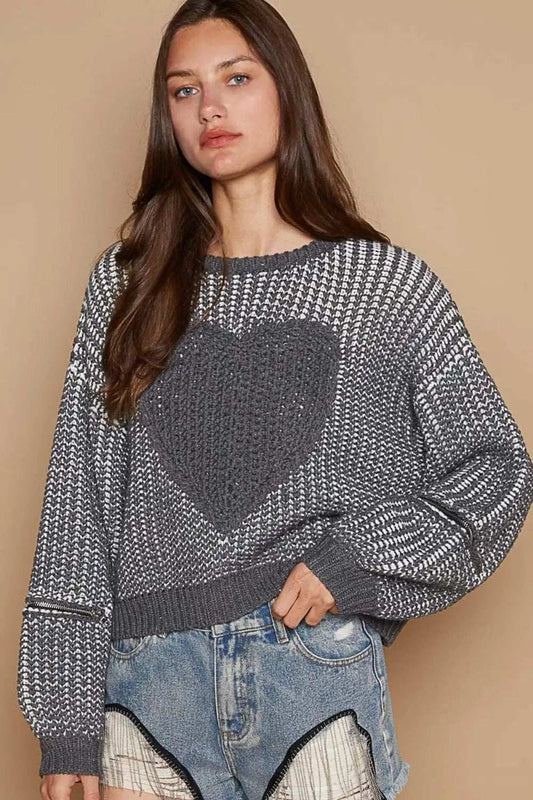 POL Round Neck Heart Patch Zipper Point Sleeve Sweater - Trendsi - Flyclothing LLC