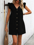 Button Up V-Neck Cap Sleeve Mini Dress - Trendsi - Flyclothing LLC