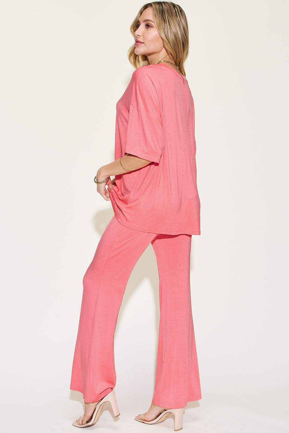 Basic Bae Full Size Bamboo Drop Shoulder T-Shirt and Flare Pants Set - Trendsi - Flyclothing LLC