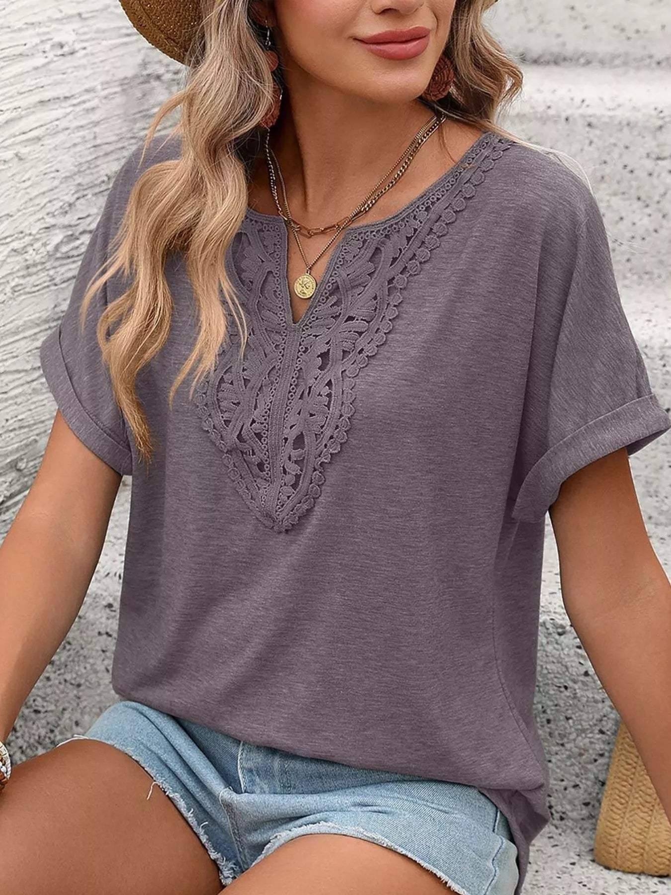 Lace Trim Short Sleeve T-Shirt - Trendsi - Flyclothing LLC