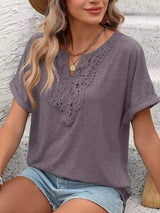 Lace Trim Short Sleeve T-Shirt - Trendsi - Flyclothing LLC